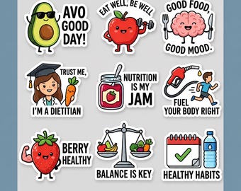 May include: A set of nine colourful stickers featuring cartoon illustrations and text. Designs include an avocado with sunglasses, an apple lifting a dumbbell, a brain with cutlery, a dietitian with a carrot, a strawberry jam jar, a person fuelling up, a muscular strawberry, a balance scale with fruit and vegetables, and a calendar with a water bottle.