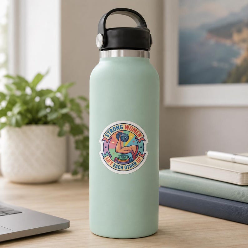 A light mint green water bottle featuring a circular sticker with the text STRONG WOMEN. This product mockup shows how the funny gym decal looks on a real-world item, perfect for gym-goers looking to add personality to their workout accessories.