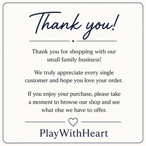 Navy and white Play With Heart thank-you card with a small heart and customer-appreciation message. Listing: weightlifting stickers and female athlete gifts.