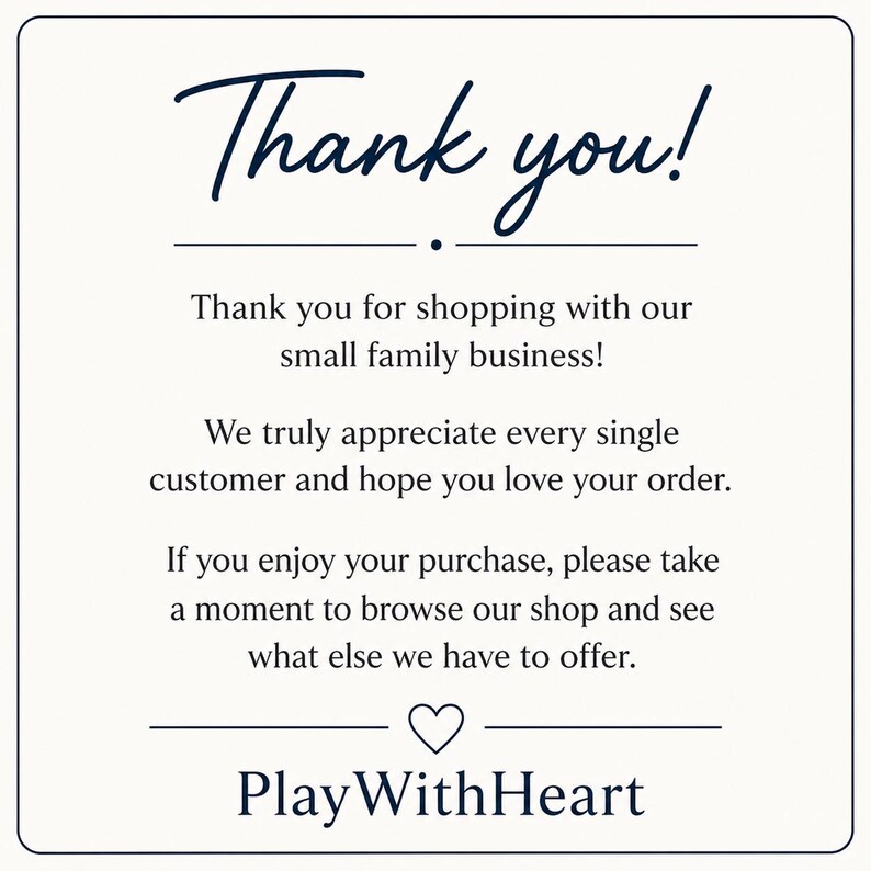 Navy and white Play With Heart thank-you card with a small heart and customer-appreciation message. Listing: weightlifting stickers and female athlete gifts.
