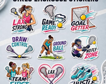 Girls Lacrosse Stickers, 9 Pack Lax Decals, Lacrosse Player Gift Ideas for Athletes, Team Bags, Senior Night, Coaches or Tournaments