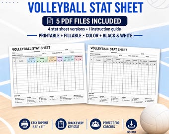 May include: A printable volleyball stat sheet set featuring 5 PDF files, including 4 stat sheet versions and 1 instruction guide. The sheets are designed for tracking player stats like attacking, serving, blocking, digging, and ball handling.