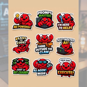 May include: A collection of nine red lobster stickers with various tech-related phrases. The stickers include phrases like "AI Powered!", "Prompt Master!", "I'm Here to Help!", and "Execute!" The stickers are designed with a cartoon style.