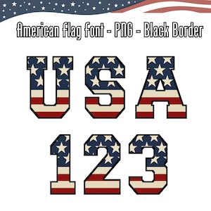 American Flag Letters w/Black Border, USA Alphabet PNG, American Flag Clipart, Patriotic Letters, Red White Blue Font, Stars and Strips Font