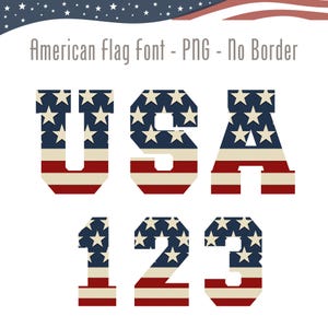Puede incluir: Un diseño patriótico con las letras "USA" y los números "123", cada uno con los colores y patrones de la bandera estadounidense. Las letras y los números están en una fuente en bloque, ideal para manualidades temáticas.
