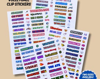 May include: Sheets of colorful volleyball clip stickers with phrases like "Ace Ace Baby," "Big Hitter," and "Good Luck." The stickers are available in two sizes with multiple designs. The words are in various colors and fonts.