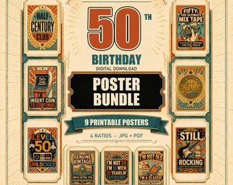 50th Birthday Poster Bundle 9 Funny Retro Party Signs Vintage Printable Birthday Decorations Instant JPG & PDF Downloads in Four Ratios