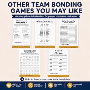 A promotional graphic showcasing five different printable icebreaker games including What's on your PHONE and DICEBREAKER. This collection offers various ways to enjoy party entertainment. Each game serves as a unique get to know you game for different group dynamics.