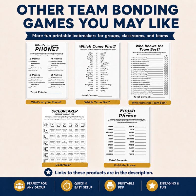 A promotional graphic showcasing five different printable icebreaker games including What's on your PHONE and DICEBREAKER. This collection offers various ways to enjoy party entertainment. Each game serves as a unique get to know you game for different group dynamics.
