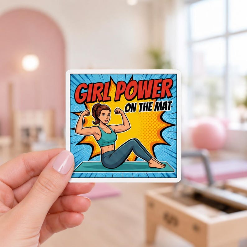 A hand holding a square pop-art style sticker featuring a muscular woman in workout clothes. This bold and empowering design is part of our funny reformer stickers set, perfect for adding energy to a laptop or tablet.