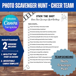 May include: A printable photo scavenger hunt for cheer teams. The design includes the text "Photo Scavenger Hunt - Cheer Team" and "Stick the Shot Cheer Team Scavenger Hunt Challenge". The template is available as an 8.5" x 11" PDF and an editable Canva template.