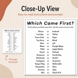 A close-up view of a 'Which Came First?' printable trivia game, showcasing a list of various brand and pop culture comparisons in black text on a white background, set against a beige and terracotta backdrop. Use this which came first trivia game to spark nostalgic conversations.