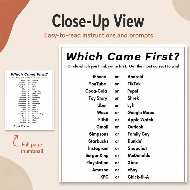 A close-up view of a 'Which Came First?' printable trivia game, showcasing a list of various brand and pop culture comparisons in black text on a white background, set against a beige and terracotta backdrop. Use this which came first trivia game to spark nostalgic conversations.