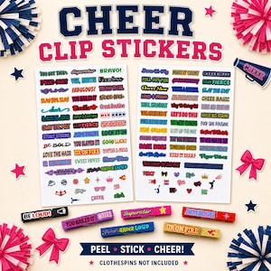 Cheer clip sticker sheets featuring colorful motivational cheerleading sayings and icons made to fit wooden clothespins. Includes two full sticker sheet designs shown with blue and white pom poms, perfect for cheer bags, team gifts, spirit pins, competition favors, and DIY cheer clip decorating.