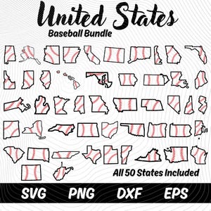 Może przedstawiać: Czarno-biała grafika z napisem "United States Baseball Bundle" i konturami wszystkich 50 stanów USA, z których każdy został zaprojektowany tak, aby przypominał piłkę do baseballu. Obraz zawiera wskaźniki typu pliku: SVG, PNG, DXF i EPS.