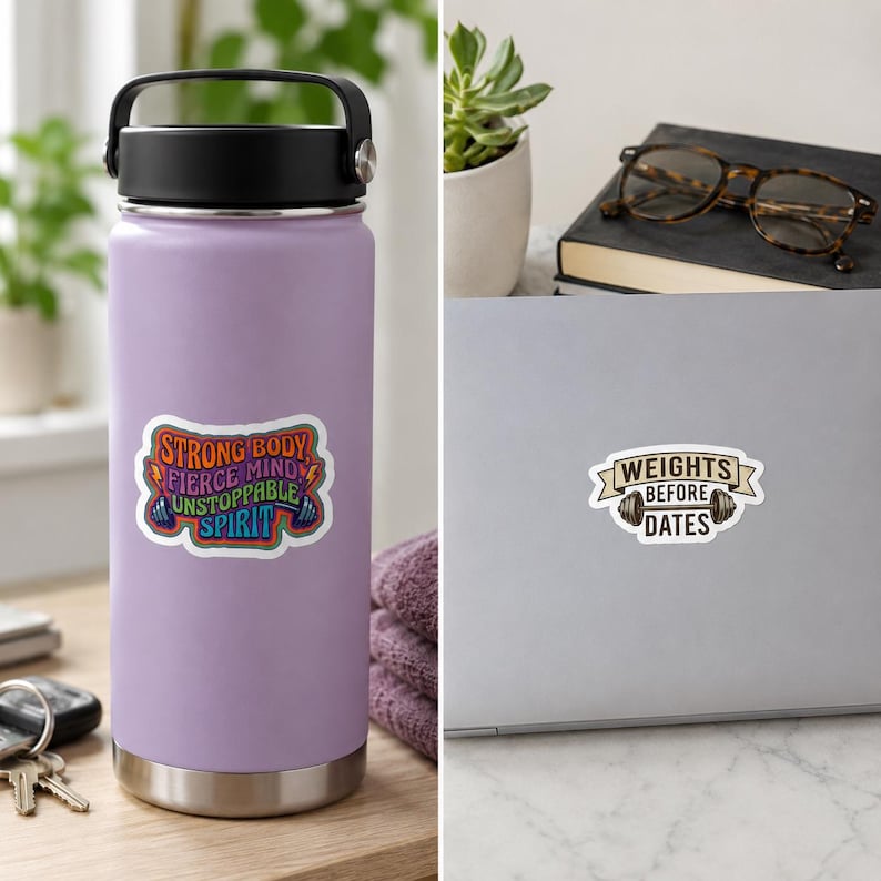 A split composition featuring a vibrant purple water bottle on the left side with a colorful sticker that reads STRONG BODY FIERCE MIND UNSTOPPABLE. This lifestyle mockup demonstrates the use case for these funny female weightlifting stickers on gym hydration gear.