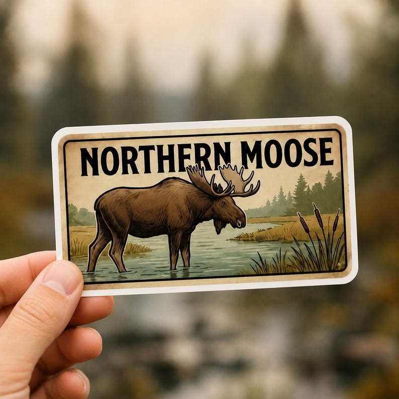 A close-up of the waterproof layer on the rustic hunting stickers, demonstrating their durability. This part of the vintage wildlife sticker pack is designed to handle daily wear and tear on outdoor gear. The fishing decal set is a practical and stylish choice for anyone who spends time in the wild.