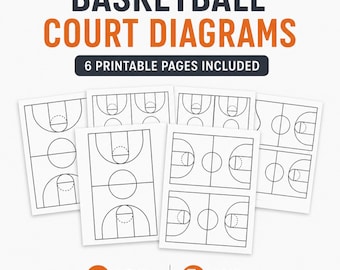 Pode incluir: Um conjunto de seis diagramas de quadras de basquete imprimíveis em papel branco. O texto diz BASKETBALL COURT DIAGRAMS, 6 PRINTABLE PAGES INCLUDED, INSTANT DOWNLOAD e 8.5 X 11 PDF. Cada página apresenta desenhos de linhas pretas.
