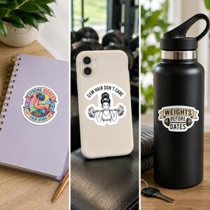 A collage of three vertical panels showing a purple spiral notebook on a wooden surface with a plant, demonstrating the sticker pack's application on stationery. This lifestyle shot emphasizes the planner stickers aspect of the set.
