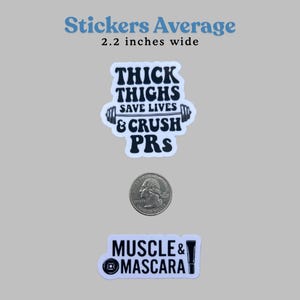 Three individual stickers displayed on a gray background with text indicating they are 2.2 inches wide. This workout sticker set showcases the scale and quality of the vinyl decal set, highlighting the perfect size for planner stickers or small tech accessories for female lifters.