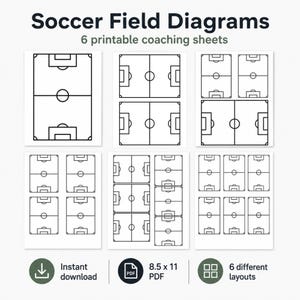 以下が含まれることがあります： 白いシートに黒い線で描かれた6つの印刷可能なサッカーフィールド図。テキストには「Soccer Field Diagrams」「6 printable coaching sheets」「Instant download」「8.5 x 11 PDF」「6 different layouts」と書かれています。図は様々なフィールド構成を示しています。