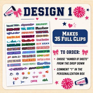 Cheer sticker sheet Design 1 listing image with colorful cheerleading sayings and icons. Text explains that one sheet makes 35 full clips and instructs buyers to choose number of sheets from the dropdown and comment “1” in the personalization box for this cheer clip sticker option.