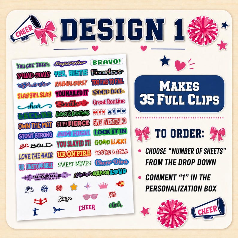 Cheer sticker sheet Design 1 listing image with colorful cheerleading sayings and icons. Text explains that one sheet makes 35 full clips and instructs buyers to choose number of sheets from the dropdown and comment “1” in the personalization box for this cheer clip sticker option.