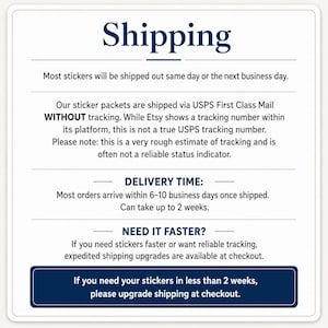 Navy and white shipping information panel with dispatch, delivery and upgrade notes. Listing: weightlifting stickers and female athlete gifts.