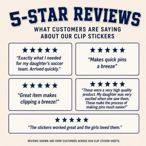 A promotional graphic with a light cream background and dark blue text displaying five 5-star customer reviews for clip stickers, arranged in a grid of boxes under the title 5-Star Reviews. These stickers are a favorite for those seeking creative clothespin decor for their sports gear. The positive feedback highlights the quality and joy these stickers bring to young athletes and their supportive families.