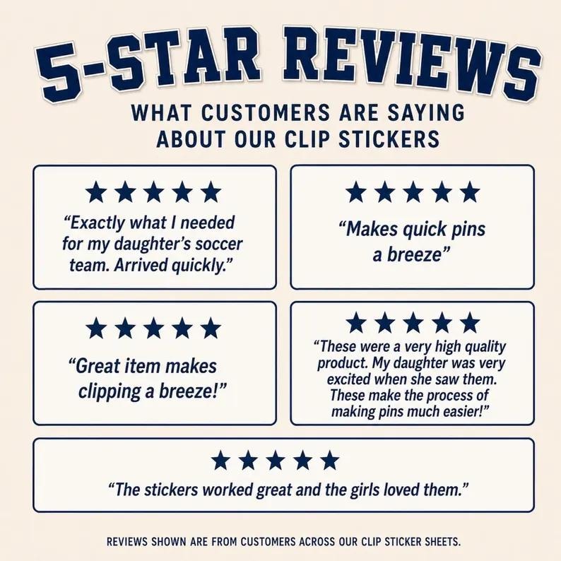 A promotional graphic with a light cream background and dark blue text displaying five 5-star customer reviews for clip stickers, arranged in a grid of boxes under the title 5-Star Reviews. These stickers are a favorite for those seeking creative clothespin decor for their sports gear. The positive feedback highlights the quality and joy these stickers bring to young athletes and their supportive families.