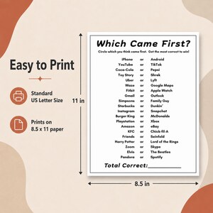 Which Came First game sheet with arrows marking US Letter dimensions of 8.5 by 11 inches. Listing: Which Came First game and office icebreaker.