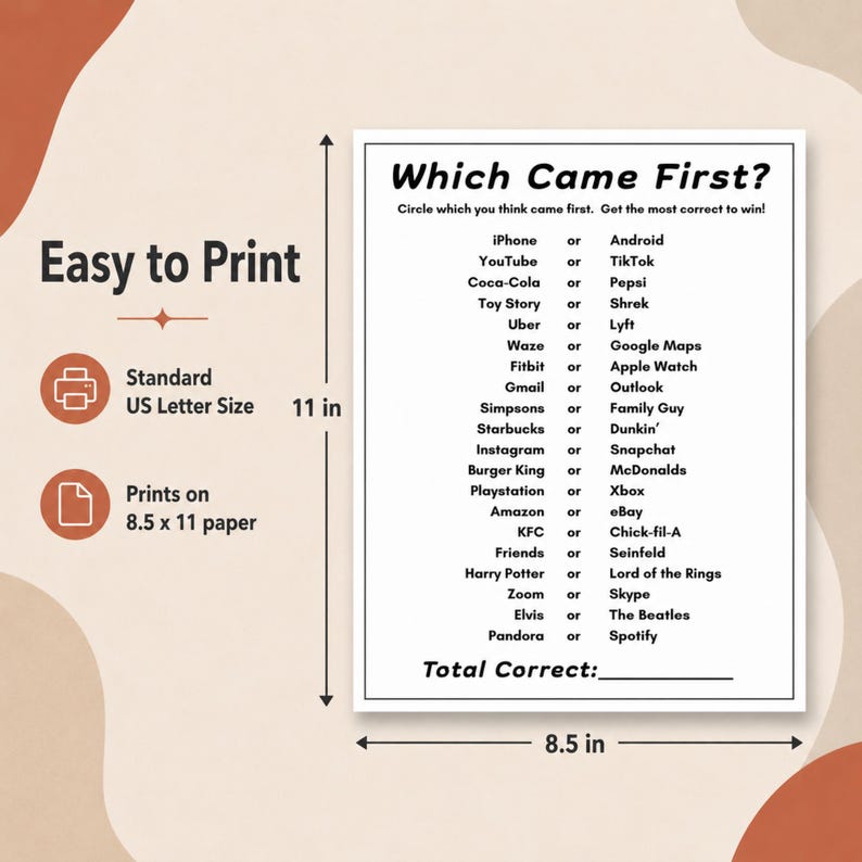 Which Came First game sheet with arrows marking US Letter dimensions of 8.5 by 11 inches. Listing: Which Came First game and office icebreaker.