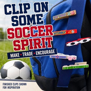 A blue backpack with five decorated clothespins clipped to its strap, accompanied by a soccer ball in the bottom left and text that reads Clip On Some Soccer Spirit and Make Trade Encourage. These clips are excellent for team bonding and creating a sense of unity. They are a practical and cute way for players to identify their gear and support their friends. This setup shows how versatile the clips can be for daily use.