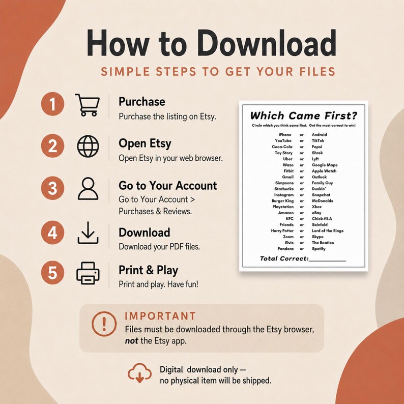 An instructional graphic titled 'How to Download,' using a warm color palette of cream, terracotta, and brown to outline a five-step process for downloading digital files from Etsy, featuring a preview of the game. This Office Party Game is simple to access and print.
