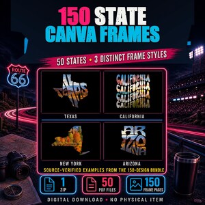 US State Canva Frames Bundle with Canva Templates for Distressed State Word Shape & Wavy Text Frames For All 50 States States Drag And Drop