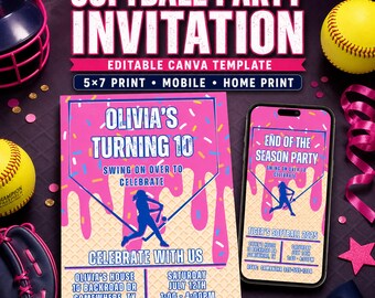 Softball Birthday Invitation & Softball End of Season Party Invite Pink Ice Cream Drip Editable Canva Template For Team Softball Party