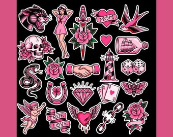 Pink Tattoo Flash Stickers Traditional Tattoo Sticker Set Old School Tattoo Decals Valentine Goth Aesthetic Pink Tattoo Stickers Pack Text