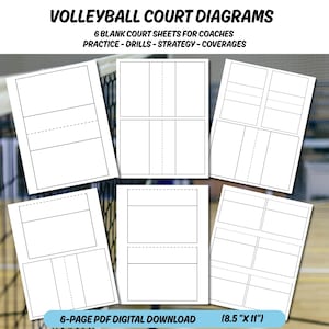May include: A collection of six blank volleyball court diagrams for coaches. The sheets are designed for practice, drills, strategy, and coverages. The text at the top reads "VOLLEYBALL COURT DIAGRAMS". The bottom text says "6-PAGE PDF DIGITAL DOWNLOAD (8.5 "X 11")".