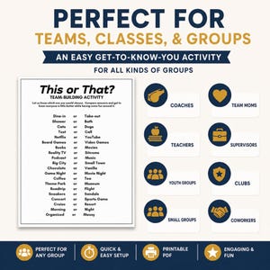 A promotional graphic featuring a white list of binary choices on a clipboard, surrounded by blue and gold icons of coaches, teachers, and coworkers. This printable this or that game is a versatile tool for various settings. It is an excellent choice for a team building event or a casual meet and greet session.