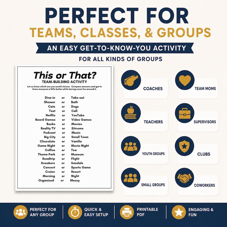 A promotional graphic featuring a white list of binary choices on a clipboard, surrounded by blue and gold icons of coaches, teachers, and coworkers. This printable this or that game is a versatile tool for various settings. It is an excellent choice for a team building event or a casual meet and greet session.