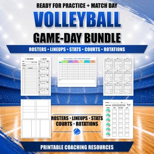 Könnte beinhalten: Ein Volleyball-Spieltags-Paket mit druckbaren Coaching-Ressourcen wie Teamlisten, Aufstellungsbögen, Statistik-Trackern, Spielfelddiagrammen und Rotationsplänen. Der Text lautet READY FOR PRACTICE + MATCH DAY, VOLLEYBALL GAME-DAY BUNDLE.