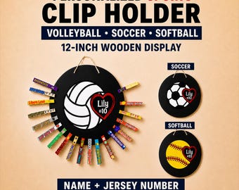 Personalized Volleyball Clip Holder Softball Clip Holder or Soccer Clip Holder Season Keepsake 3D Wooden Display Custom Clip Sign Decor