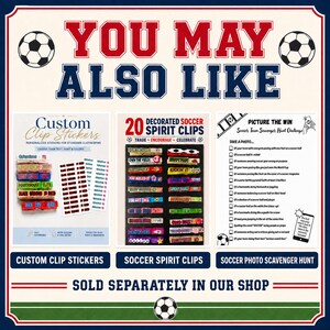 A promotional graphic featuring a white background with red and blue borders and soccer ball accents, showcasing three separate products including Custom Clip Stickers and Soccer Photo Scavenger Hunts. These items complement soccer tournament trading pins by providing more ways for teams to engage. It is a complete toolkit for enhancing the tournament experience and building team culture.