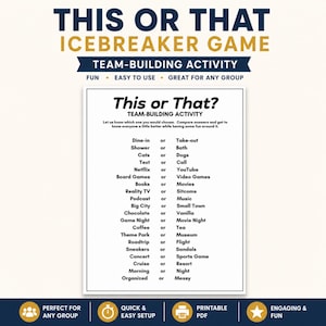 A promotional graphic for a printable team building game featuring a white sheet of paper with binary choices like Dine-in or Take-out and Cats or Dogs on a cream background with dark blue accents. This high-quality digital download is an ideal office icebreaker game printable for quick engagement. Use this this or that icebreaker game to spark fun conversations during any professional gathering or social event.