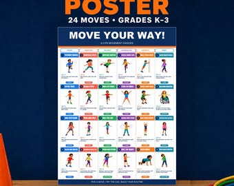 Kids Exercise Poster Printable, 24 Movement Choices for Grades K-3, Classroom Brain Breaks, Homeschool PE, Physical Education Wall Chart