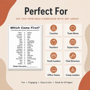 A promotional graphic for an icebreaker game featuring a 'Which Came First?' printable worksheet on the left and eight icons representing target groups like Coaches, Teachers, and Office Teams on the right. This get to know you game is perfect for any group activity.