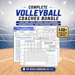 May include: A collection of printed volleyball coaching documents including a tryout evaluation guide, skills rubric, stat tracker sheet, team roster, line-up cards, rotation diagrams, and team-building activity sheets, all in 8.5" x 11" format.