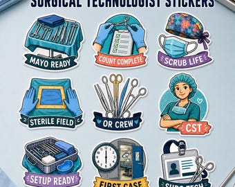 Surgical Technologist Stickers, 9 Pack Scrub Tech Decals, CST Gift for Surgical Tech Students, OR Coworkers, Graduation or Appreciation