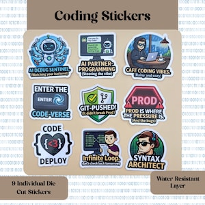 May include: A sheet of nine die-cut stickers with coding-related graphics and text, including a robot, a computer screen, and the words "Coding Stickers." The stickers have a water-resistant layer.