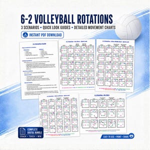 May include: A digital guide titled 6-2 Volleyball Rotations featuring 3 scenarios, quick look guides, and detailed movement charts. The document includes text, diagrams, and a white volleyball graphic, presented as an instant PDF download.
